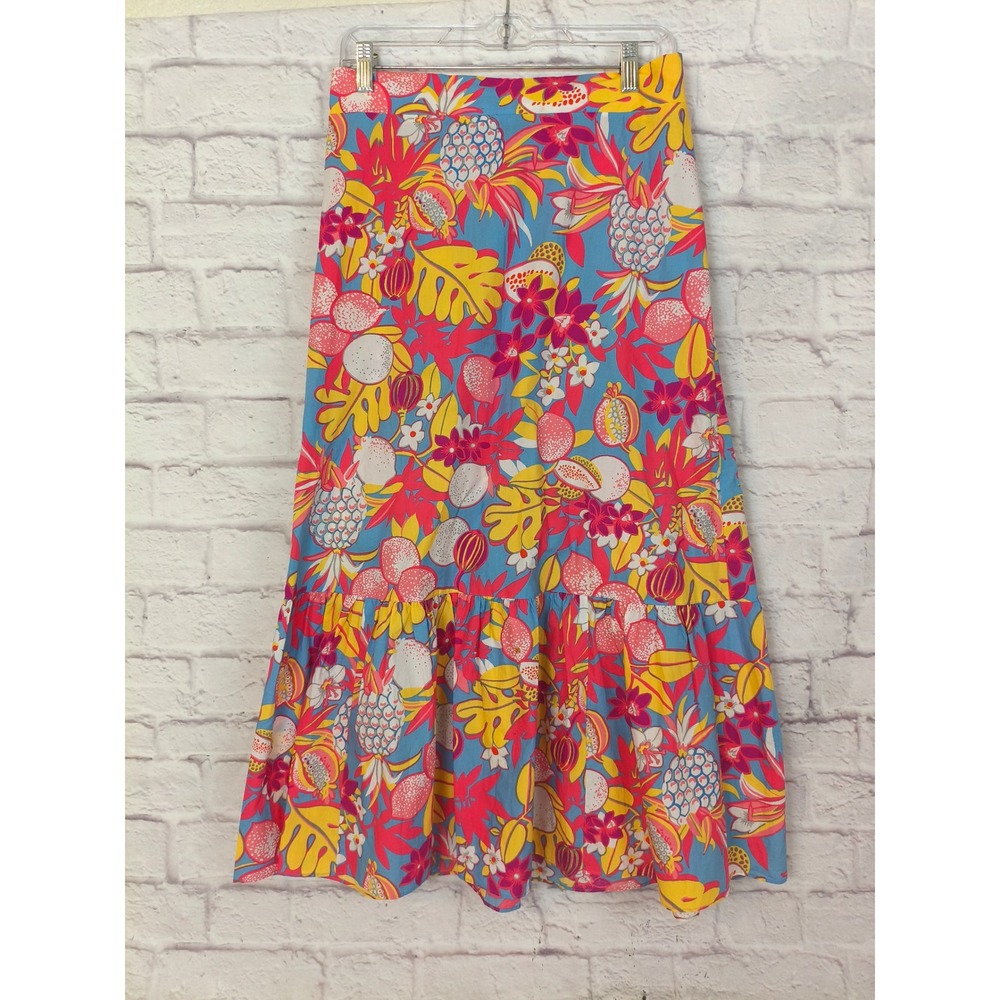 Talbots Petite Blue Pink Tropical Fruit Floral Tiered Cotton Maxi Skirt MP